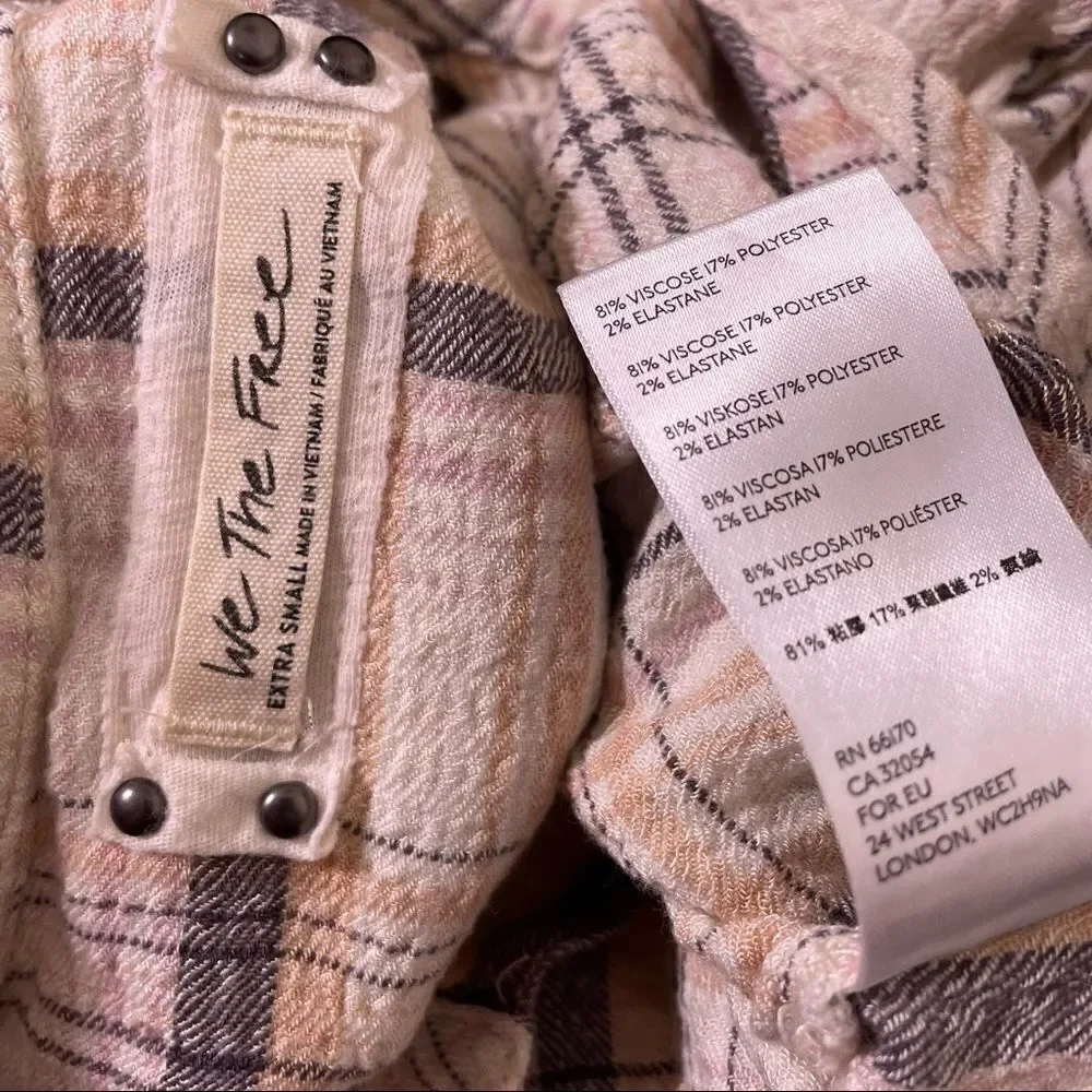 We The Free Free People White w/‎ Tan, Grey, & Pink Plaid Oversized Long Sleeve